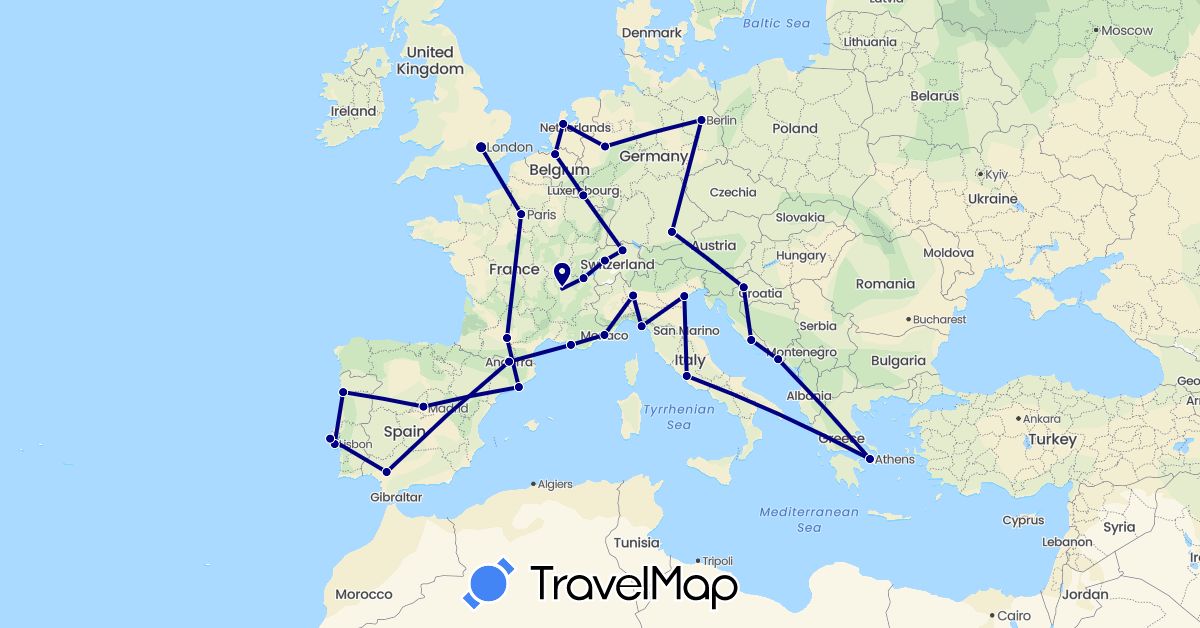 TravelMap itinerary: driving in Andorra, Belgium, Switzerland, Germany, Spain, France, United Kingdom, Greece, Croatia, Italy, Luxembourg, Monaco, Netherlands, Portugal (Europe)